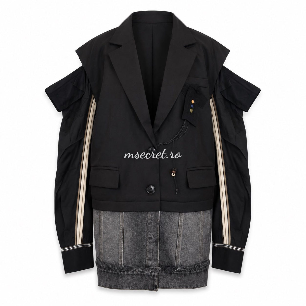 Sacou negru cu denim si dungi laterale