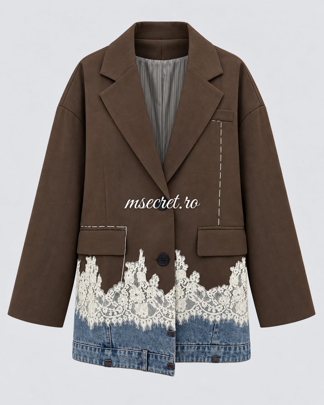 Sacou oversized tip rochie maro cu dantela si denim - vedere din fata