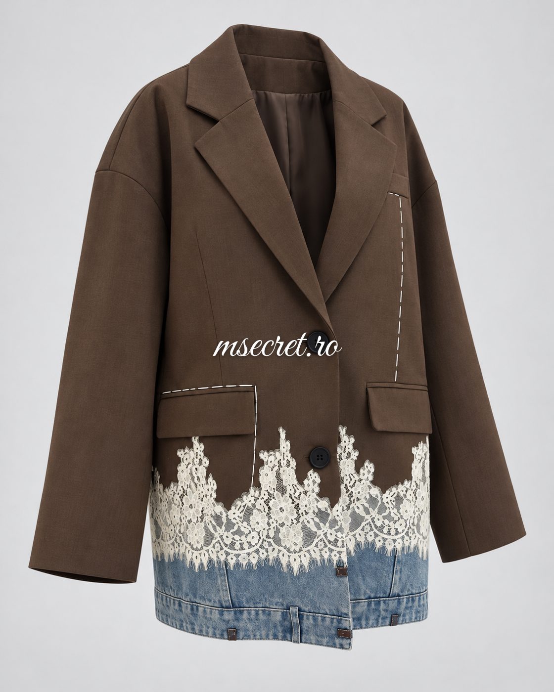 Sacou oversized tip rochie maro cu dantela si denim - vedere din lateral