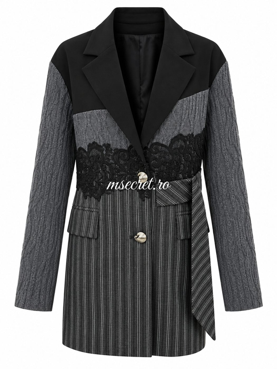 Sacou tip rochie gri cu dungi si dantela neagra - vedere din fata