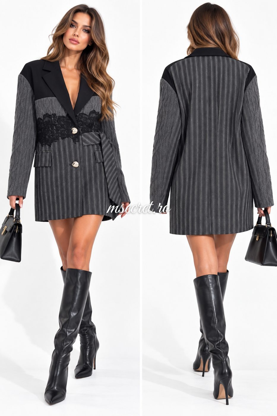 Sacou tip rochie gri cu dungi si dantela neagra - colaj