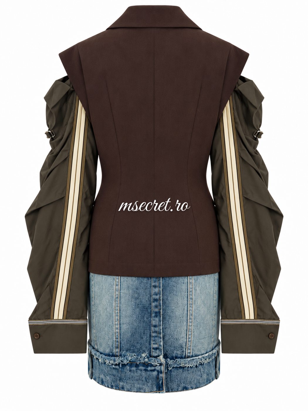 Sacou tip rochie maro cu maneci kaki cu volane - vedere din spate