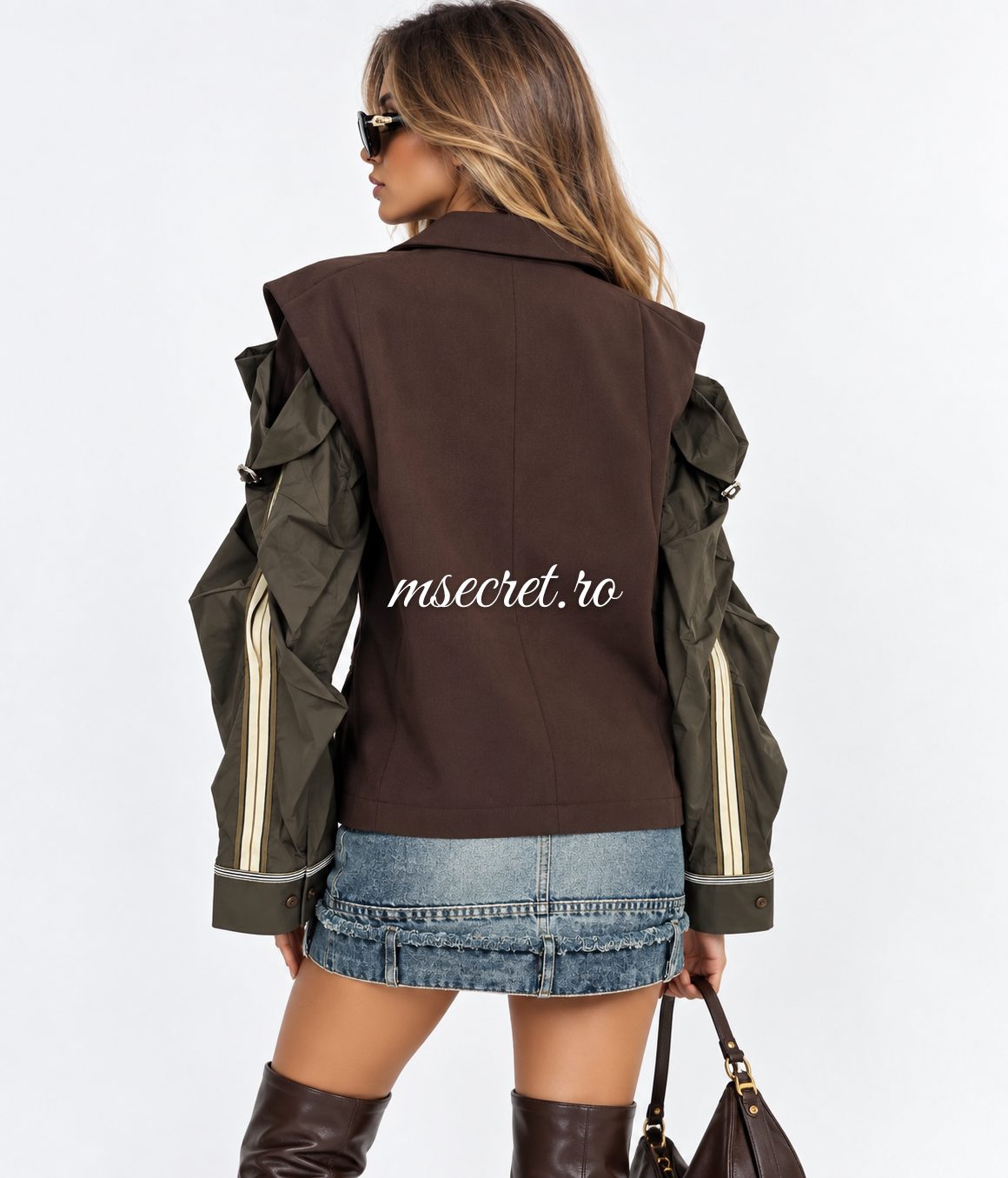 Sacou tip rochie maro cu maneci kaki cu volane - pe model 2