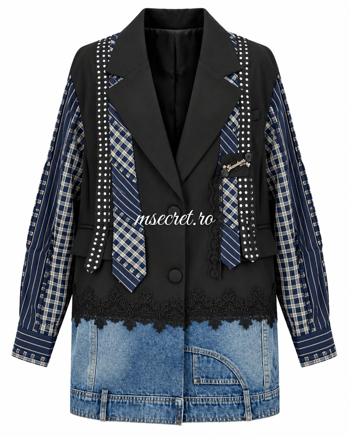 Sacou tip rochie negru cu maneci in carouri si tiv din denim - vedere din fata