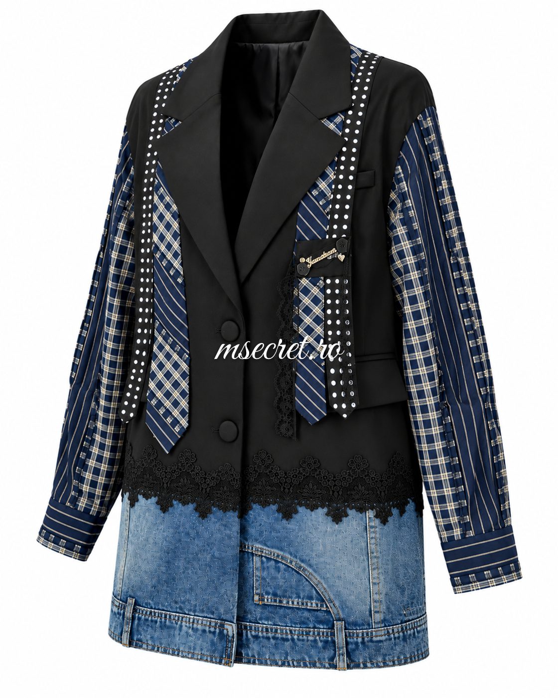 Sacou tip rochie negru cu maneci in carouri si tiv din denim - detaliu