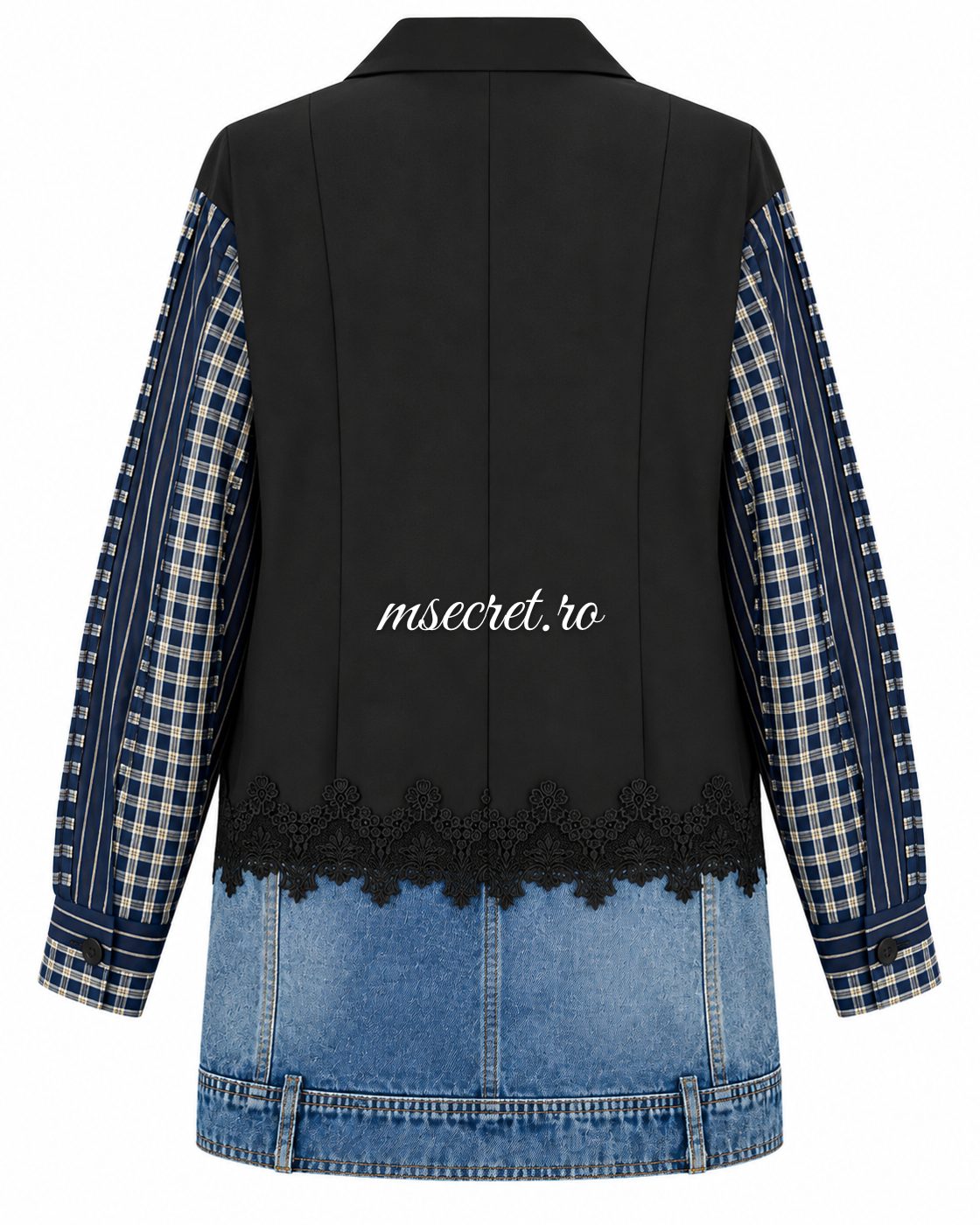 Sacou tip rochie negru cu maneci in carouri si tiv din denim - vedere din spate