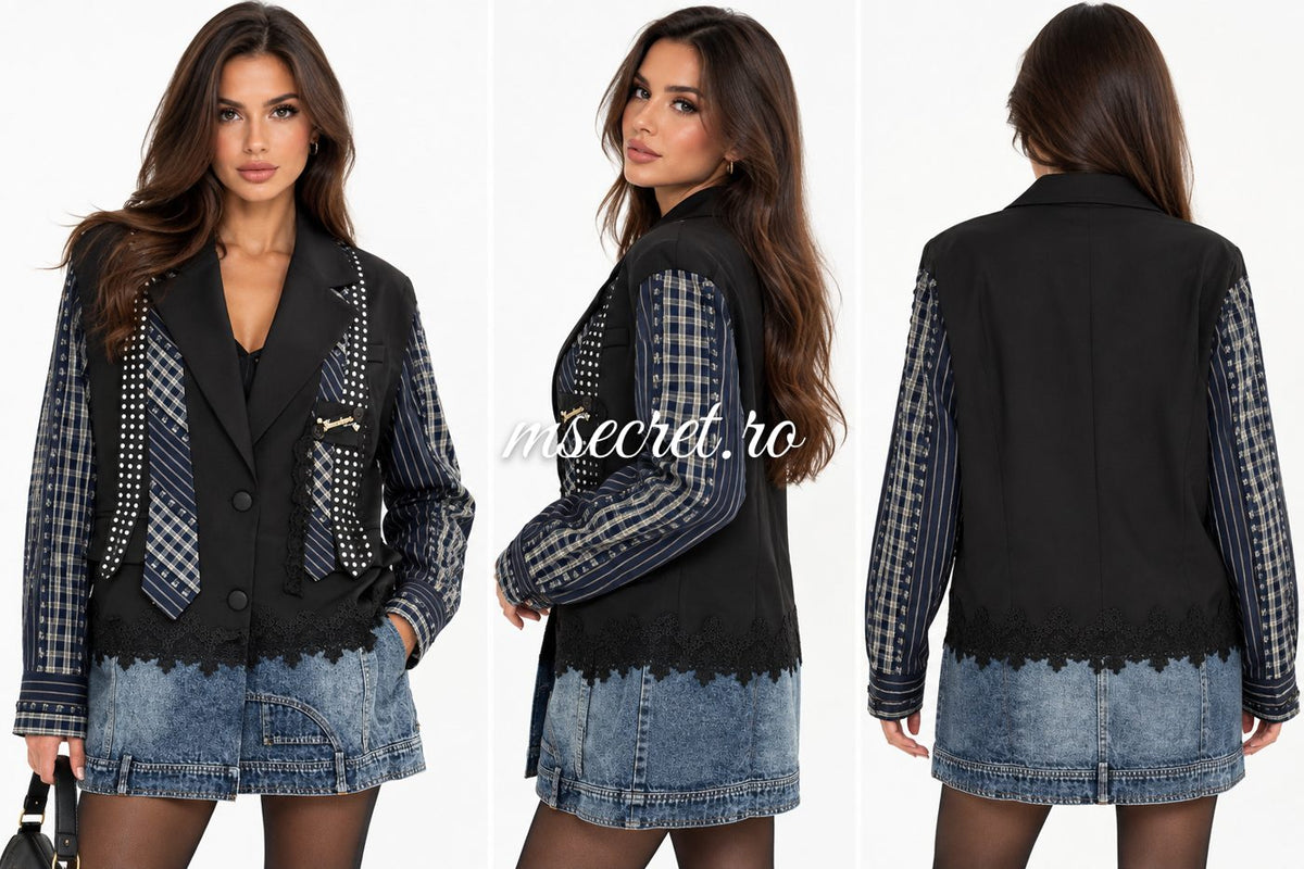 Sacou tip rochie negru cu maneci in carouri si tiv din denim - colaj