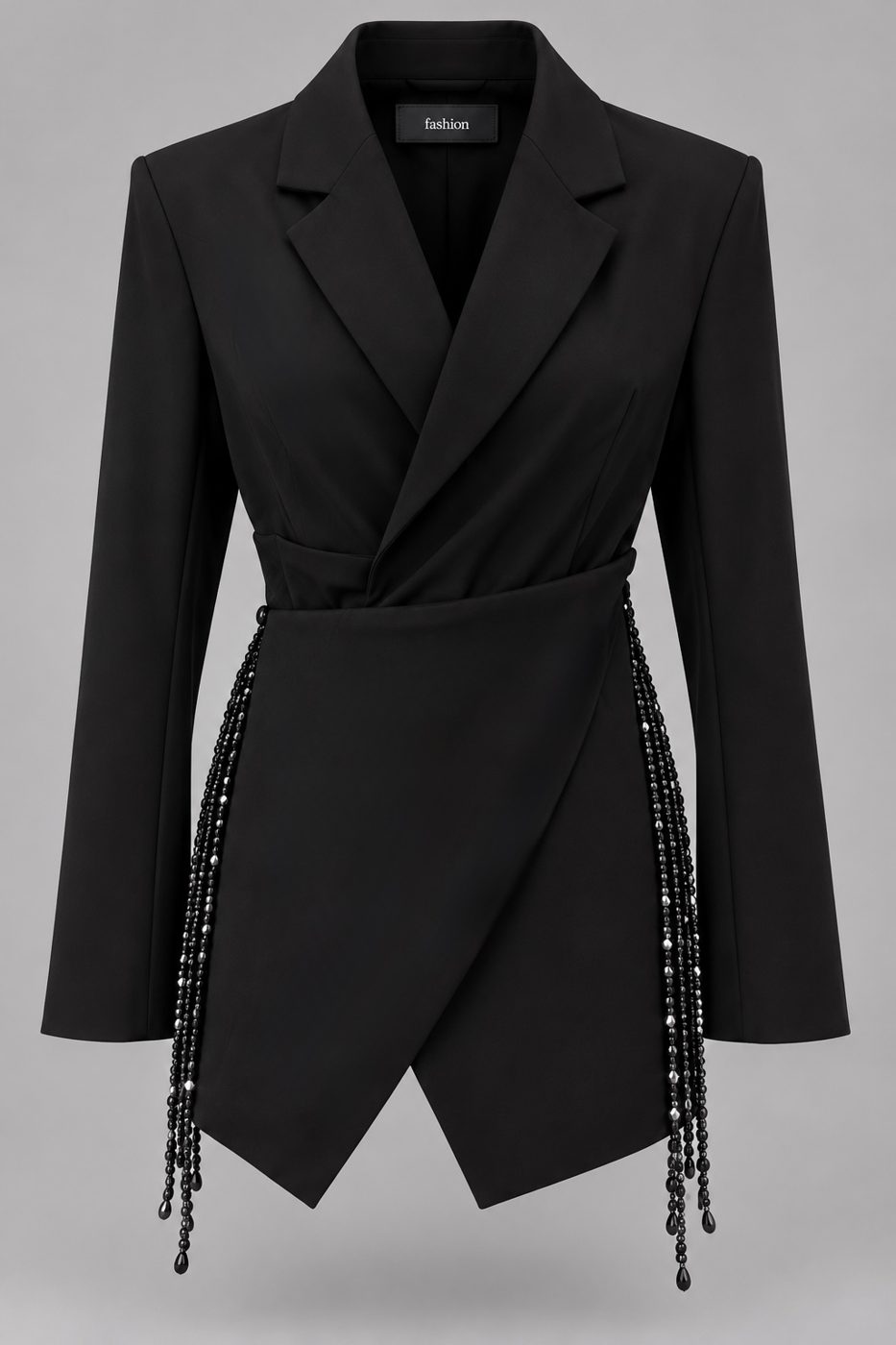 Sacou tip rochie negru, petrecut, cu franjuri - vedere din fata