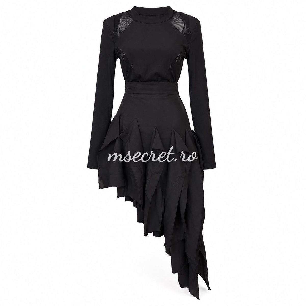 Set negru cu bluza si fusta asimetrica cu volane