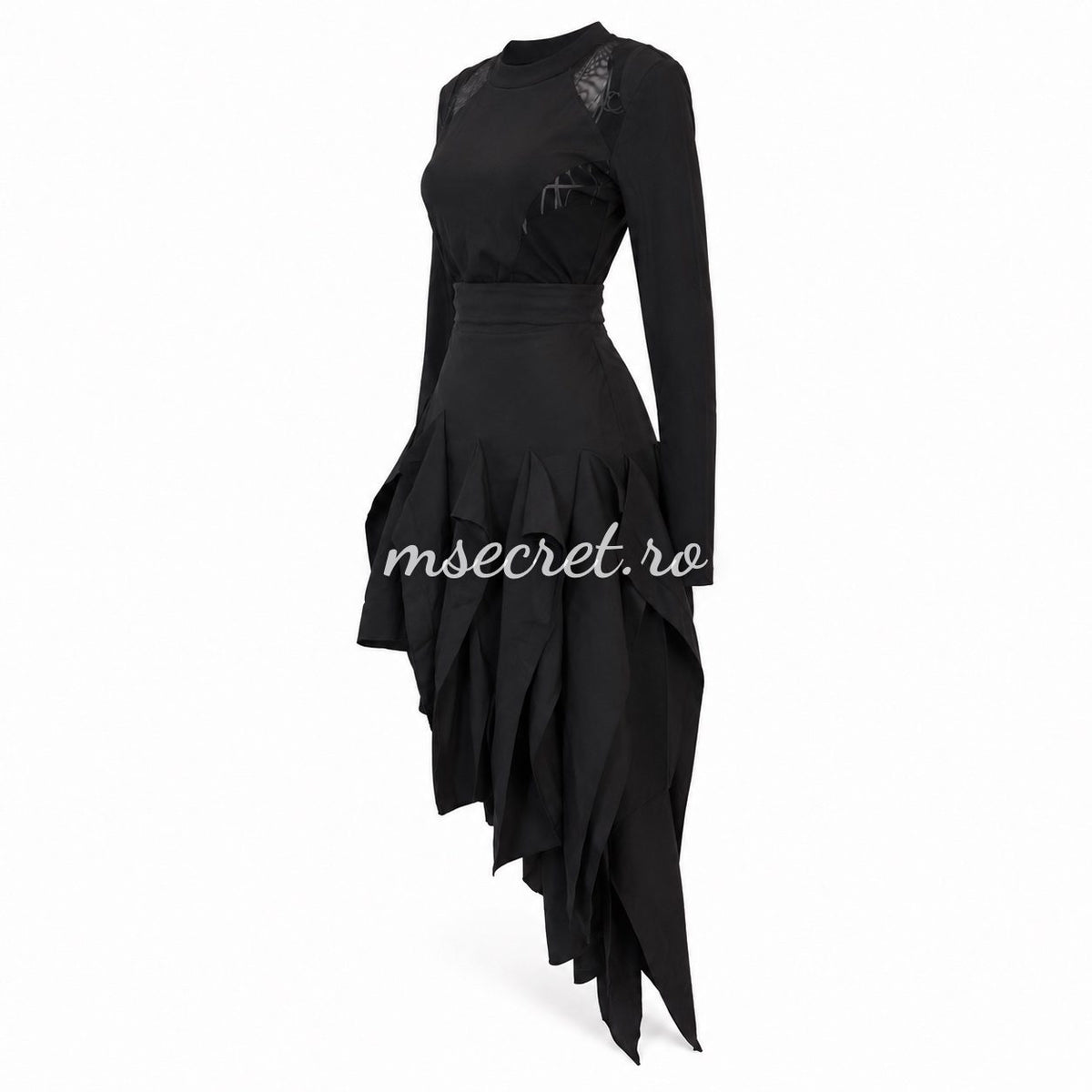 Set negru cu bluza si fusta asimetrica cu volane