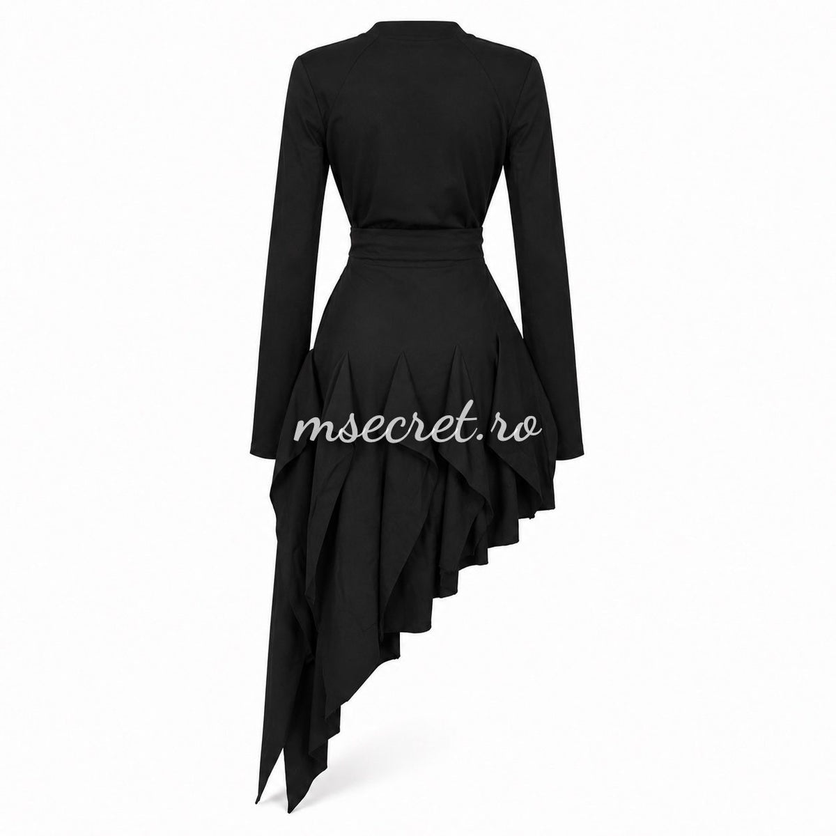 Set negru cu bluza si fusta asimetrica cu volane