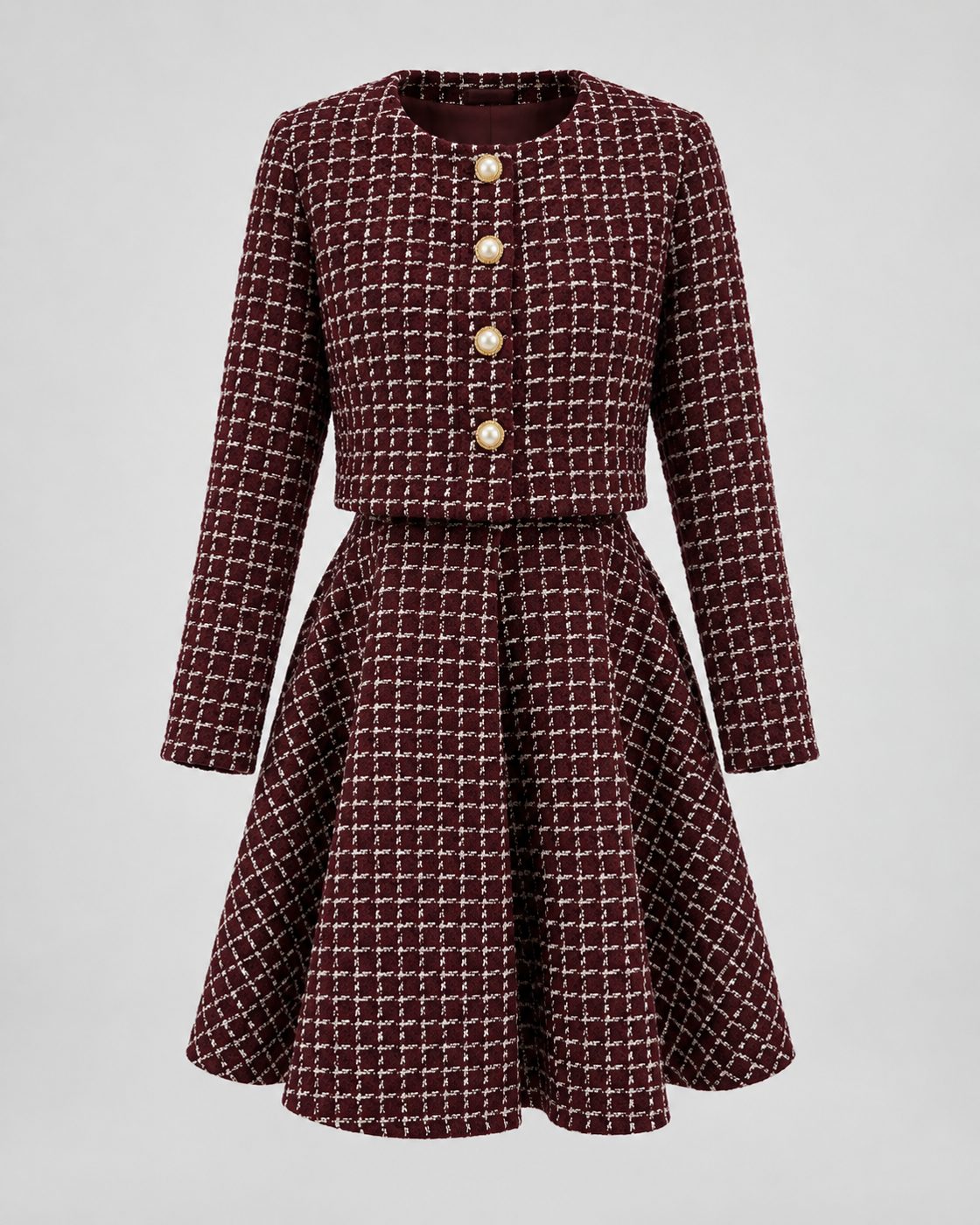 Set din tweed bordo cu rochie si sacou scurt