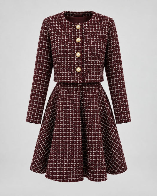 Set din tweed bordo cu rochie si sacou scurt