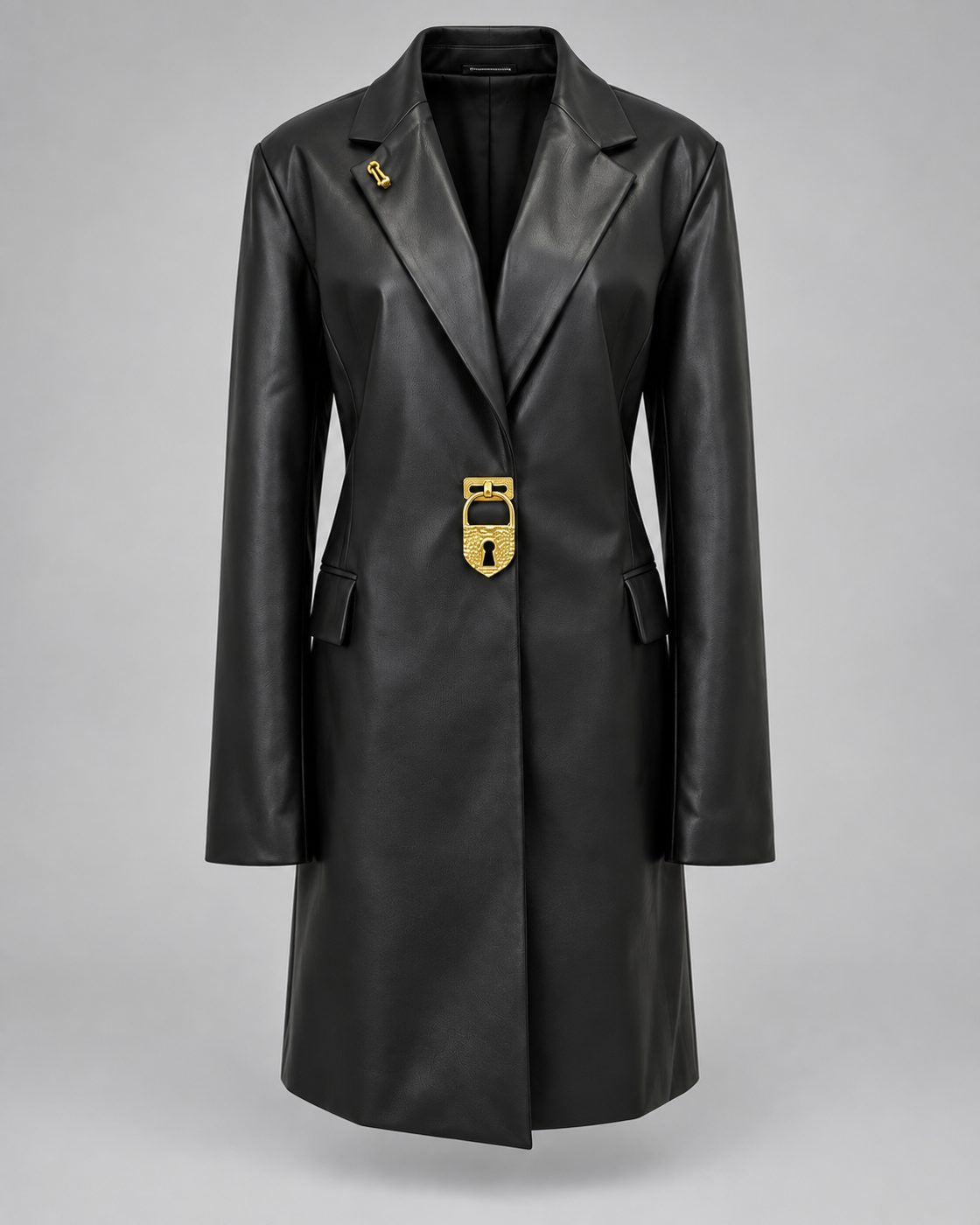 Trench lung oversized din piele eco cu lacat auriu