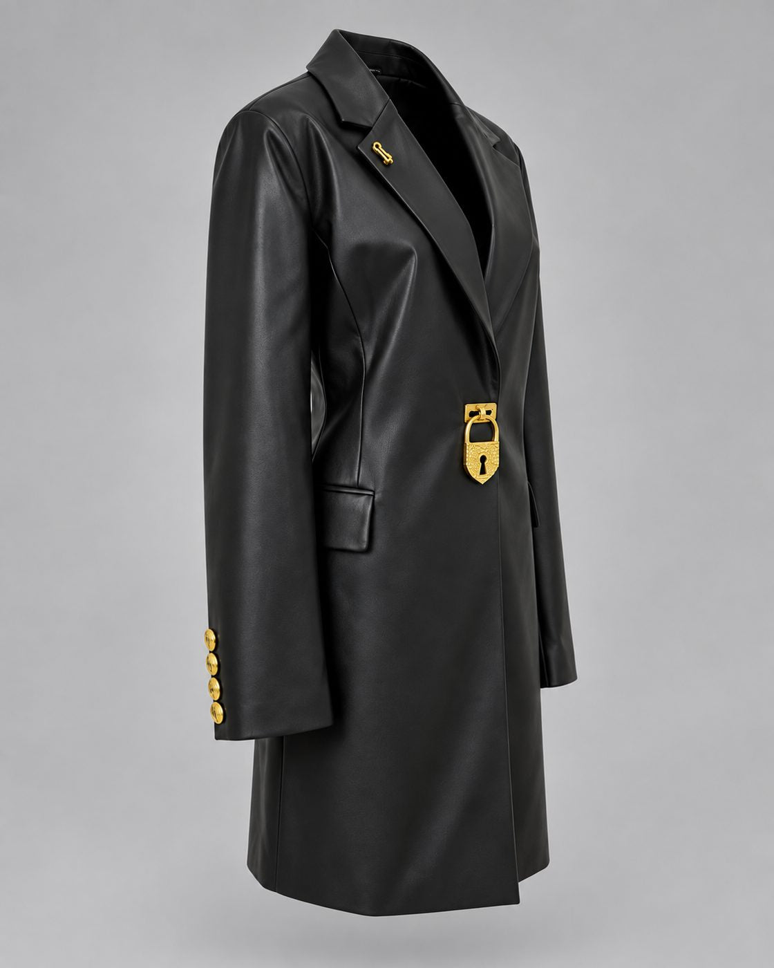 Trench lung oversized din piele eco cu lacat auriu