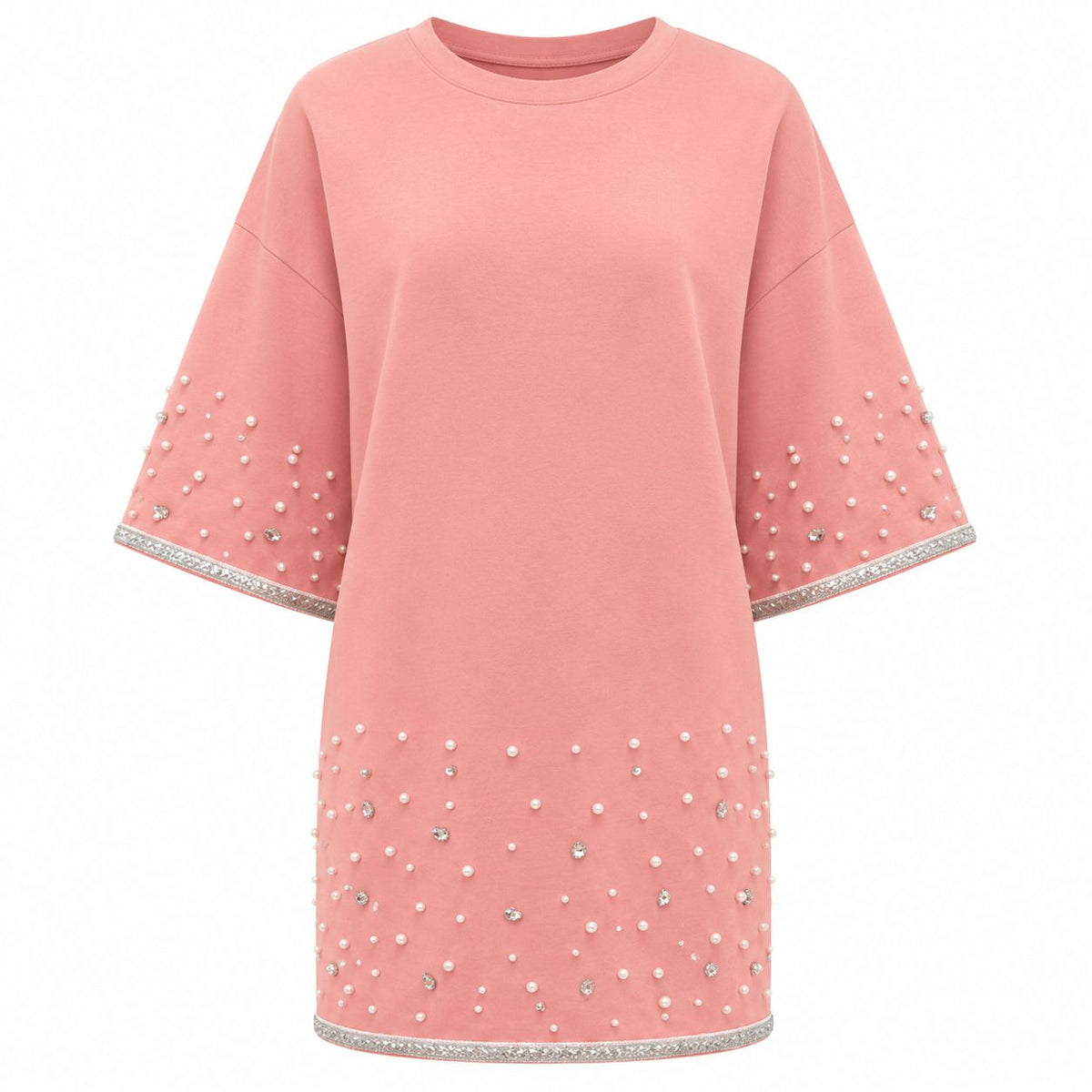 Tricou oversize roz cu strasuri si tiv argintiu