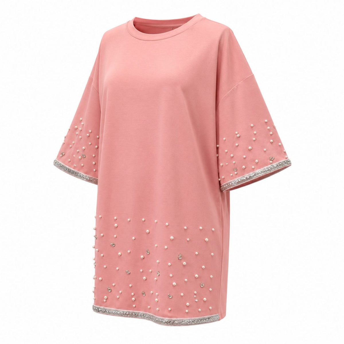 Tricou oversize roz cu strasuri si tiv argintiu