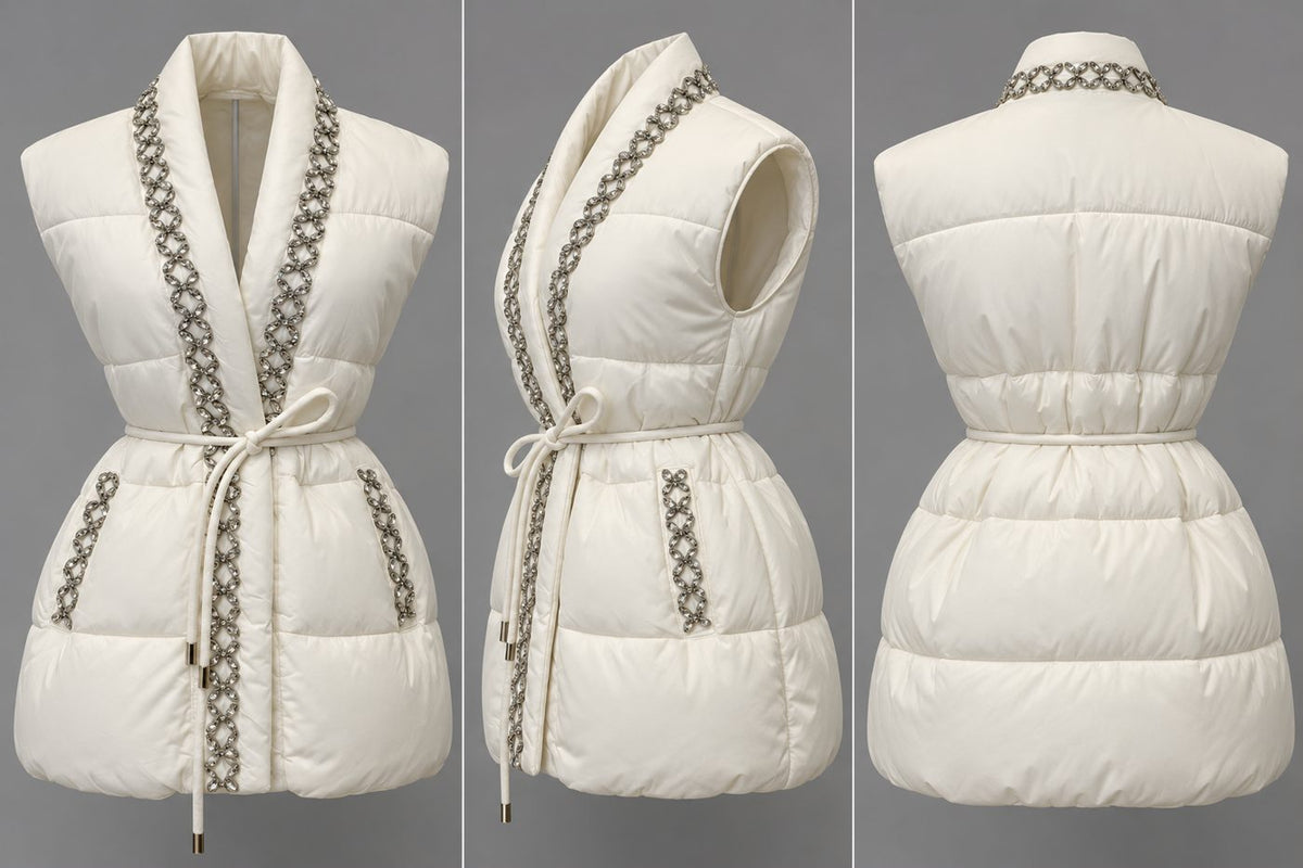 Vesta matlasata alba cu cordon si broderie - colaj