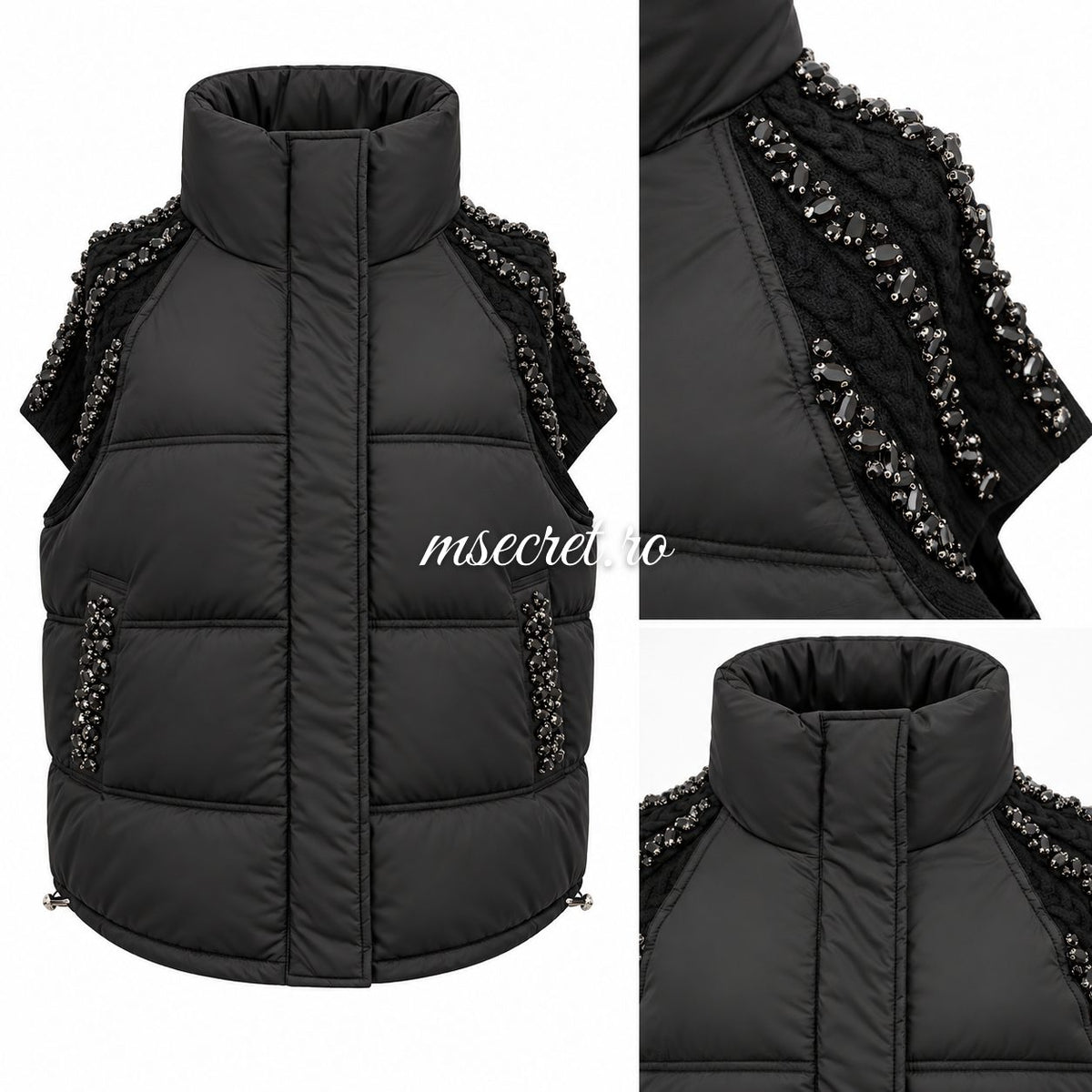 Vesta neagra matlasata cu pietre si buzunare
